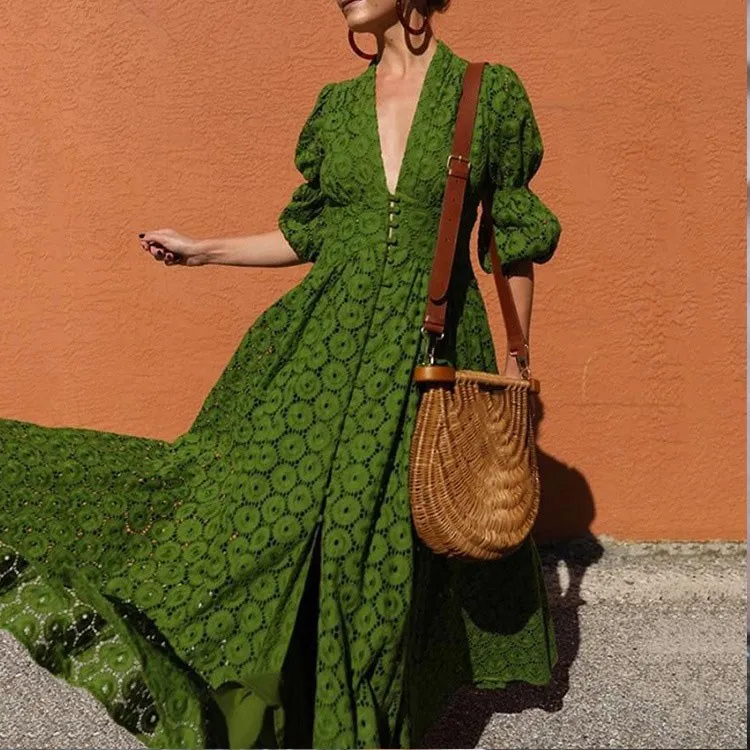

Summer Women Green Boho Maxi Dresses Sexy V Neck Beach Dresses Lantern Sleeve Big Hem Party Dress