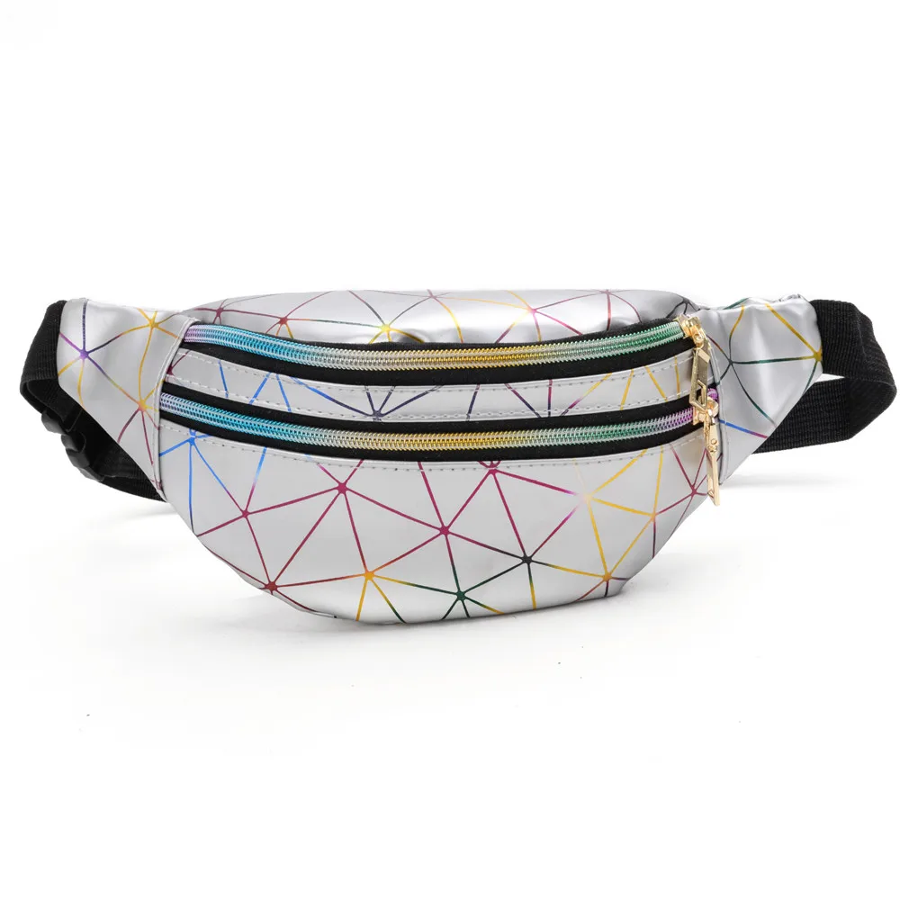 

2019 New Women Pink Silver Fanny Pack Holographic Waist Bags Female Belt Bag Black Geometric Waist Packs Laser Chest Phone Pouch