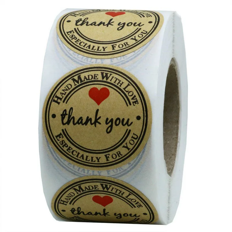 

Thank You Stickers Hand Made Appreciation Tag Label 500pcs/roll Kraft Paper for Partners Business Bag Round TY3 25.4mm 70g/roll