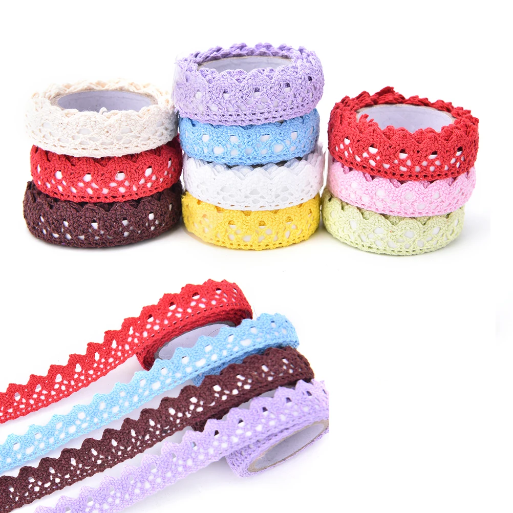 1 Uds tela de encaje de algodón encaje de Crochet blanco rollo de cinta adhesiva pegatina artesanal decoración suministros de papelería