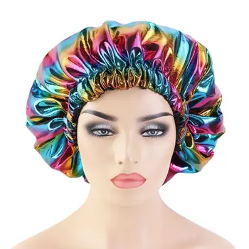 

Women Rainbow Holographic Metallic Night Sleep Cap Reversible Large Double Layer Bonnet Elastic Band Hair Loss Chemo Hat
