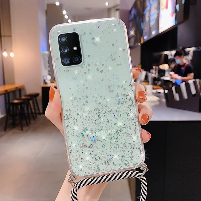With Neck Strap Rope Cord Clear Glitter Case For Samsung S20 FE A51 A50 A71 A52 A72 A21S A31 A70 S21 Ultra S10 Plus M52 A12 A32 Blue