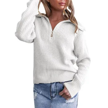 

Autumn Ladies Lapel Zip Knit Pullover Casual Jackets Outwear Top Blouse Solid Color Sweater Adjustable Neckline Plus Size