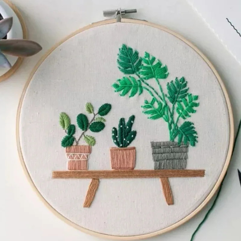 

DIY Ribbon Green Plants Embroidery Set with Frame for Beginner Needlework Kits Cross Stitch Series Arts Crafts Sewing Decor