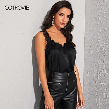 

COLROVIE Black Guipure Lace Panel Cami Top Women Satin Elegant Clothing 2020 Summer Spaghetti Strap Casual Vest Ladies Tanks