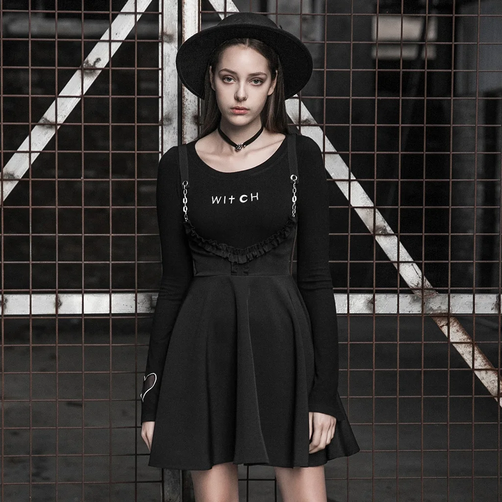 

PUNK RAVE Women Punk Half Skirt with Iron Chain Thick Chiffon High Waist Slim Fit Stylish Sling Skirt