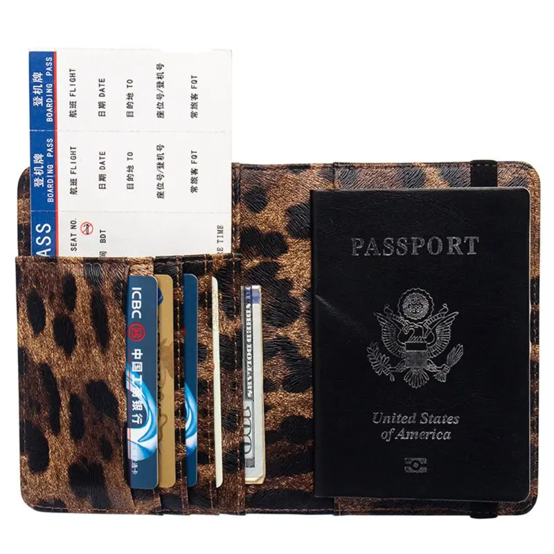 Leopard Pattern Leather Passport Holder Cover Case Credit Card Travel Wallet for Women Men A69C