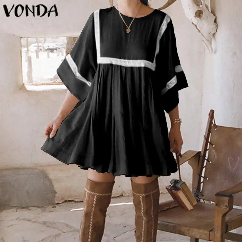 

VONDA Fashion Women Dress Casual Loose Flare Sleeve Lace Patchwork Pleated Mini Dress Sexy Short Vestidos Plus Size S-5XL