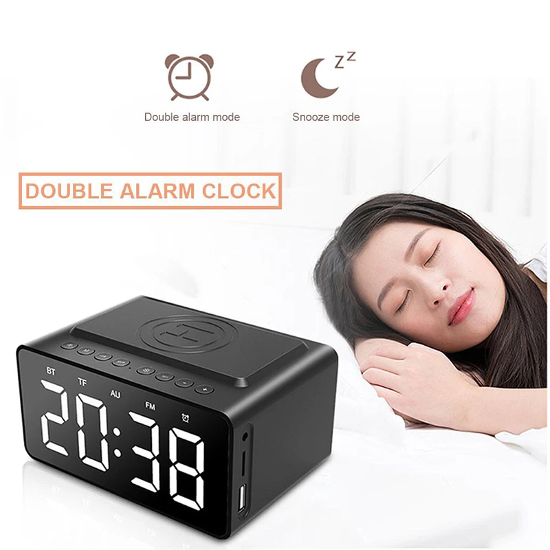  Wireless Charger Bluetooth Subwoofer Speaker 2 Alarm Clock USB Charging for LED Mirror Phone Portab