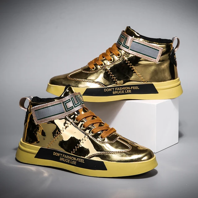 New Shiny Gold Men Glitter Shoes High Top Fashion Men Designer Trainers Non-Slip Mirros Men's Leather Unisex Zapatilla De Hombre Golden-270