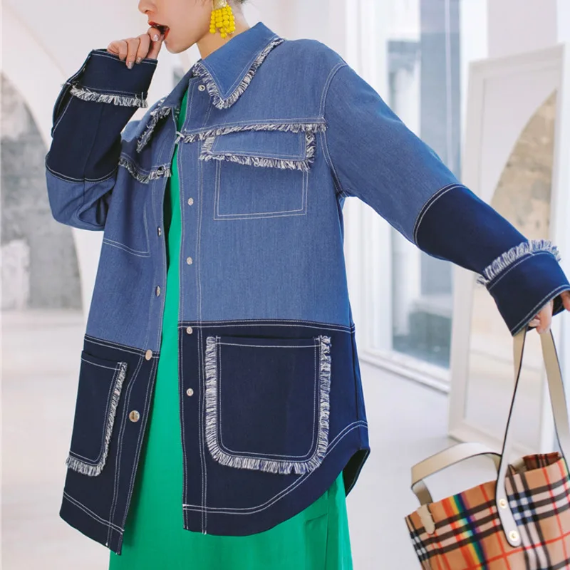 LANMREM Stitching Contrast Color Long-sleeved Edging Irregular Loose Windbreaker Woman Casual Fashion Autumn New TV548
