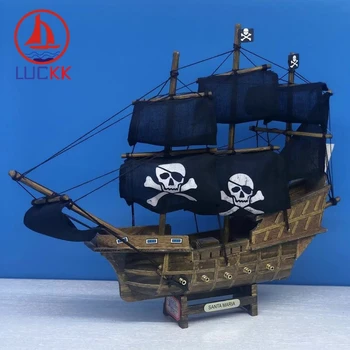

LUCKK 33CM Handmade Caribbean Wooden Sailing Boats Home Decor Retro Black Pirate Ship Crafts Wood Furnishing Kid Gift Souvenirs
