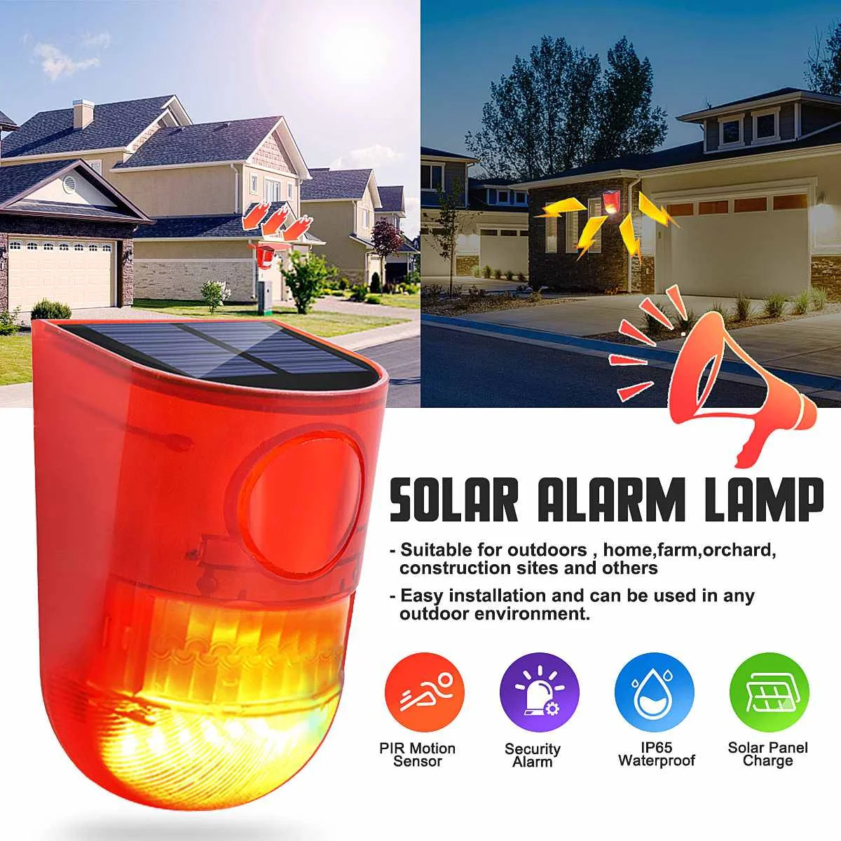 Solar Alarm Light Wireless Waterproof Motion Sensor Outdoor Garden Security Lamp 