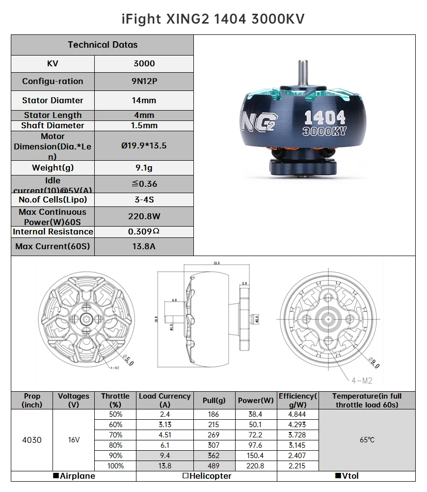 iFlight XING2 1404 3000KV / 3800KV / 4600KV 2S-4S Toothpick Ultralight Build (unibell) motor for FPV drone part 7 iFight XING2 1404 300OKV Technical Datas KV 3