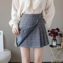 Осень и зима, милая шерстяная юбка, Корейская версия, юбка-бутон, высокая талия, клетчатая юбка с принтом, трапециевидная плиссированная юбка, Новое поступление