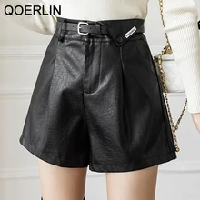 Qoerlin outono inverno couro do plutônio das mulheres shorts com cinto 2021 nova cintura alta vintage bolsos escritório perna larga truses feminino