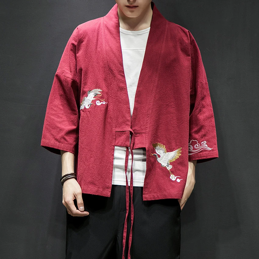 Haori Crane Embroidery News Japanese Style Asian Clothes Vintage Traditional Clothing Men Women Plus Size Samurai