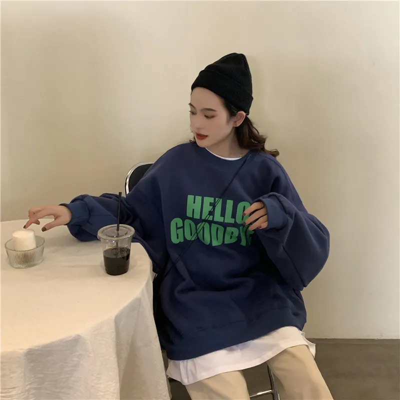

Autumn And Winter New Korean Version Loose Wild Fake Two-piece Stitching Letter Printing Plus Velvet Thick Sweatshirt