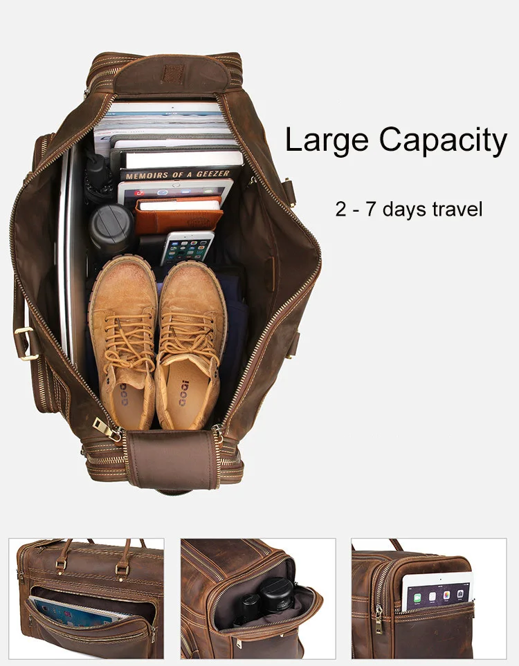 Exlarge, мужская кожаная сумка Crazy Horse на выходные, 22 дюйма, натуральная кожа, для путешествий, большая, винтажная, Воловья кожа, на молнии, сумка для багажа, сумка-тоут