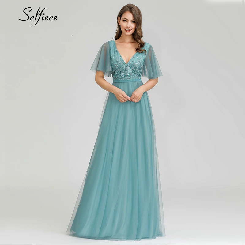 

Elegant Blue Maxi Dress Women Ruffles Sleeve Embroidered A-Line Double V-Neck Tulle Party Dress Sexy Long Summer Dress Vestidos