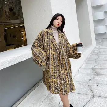 

Winter Warm Thick Long Woolen Coat Pockets Women Streetwear Turn-Down Collar Plaid Coats Elegant Loose Outwear