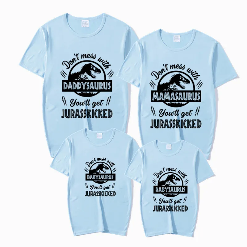 Не связывайтесь с Saurus, вы получите одинаковые комплекты с принтом Jurasskicked, футболка мама папа, детская семейная одежда детская футболка - Цвет: P1241skyblue