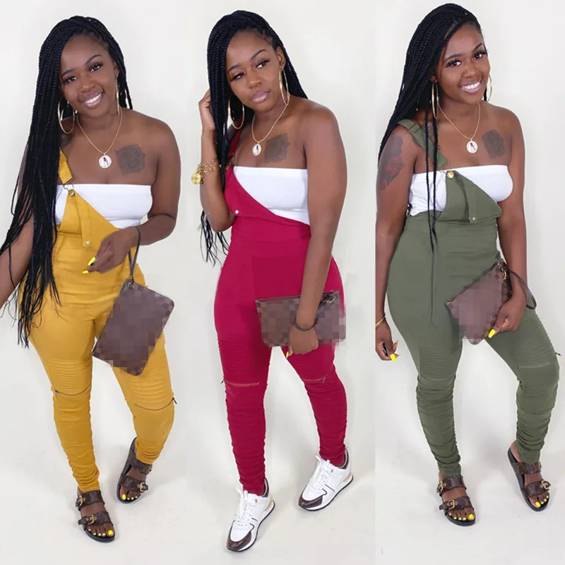 

Womens Solid Color Sling Chain Pleated Jumpsuit Pants