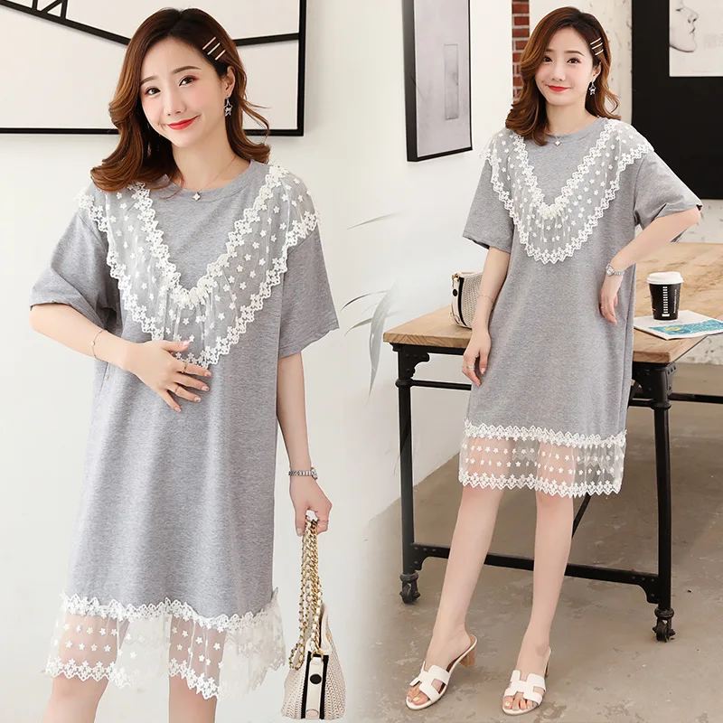 

Maternity Clothes 2019 Summer New Style Simple-Style Knitted Joint Lace Mid-length Large Size Pregnant Women Dress