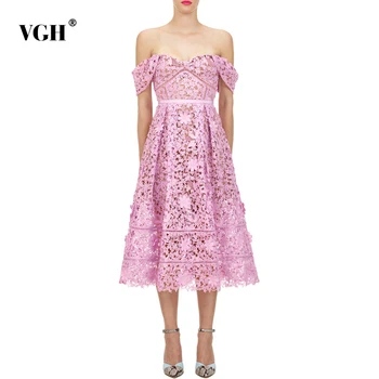 

VGH Elegant Summer Dress Women Square Collar Puff Short Sleeve High Waist Hollow Out Midi Dresses For Female Clothes Fashion New
