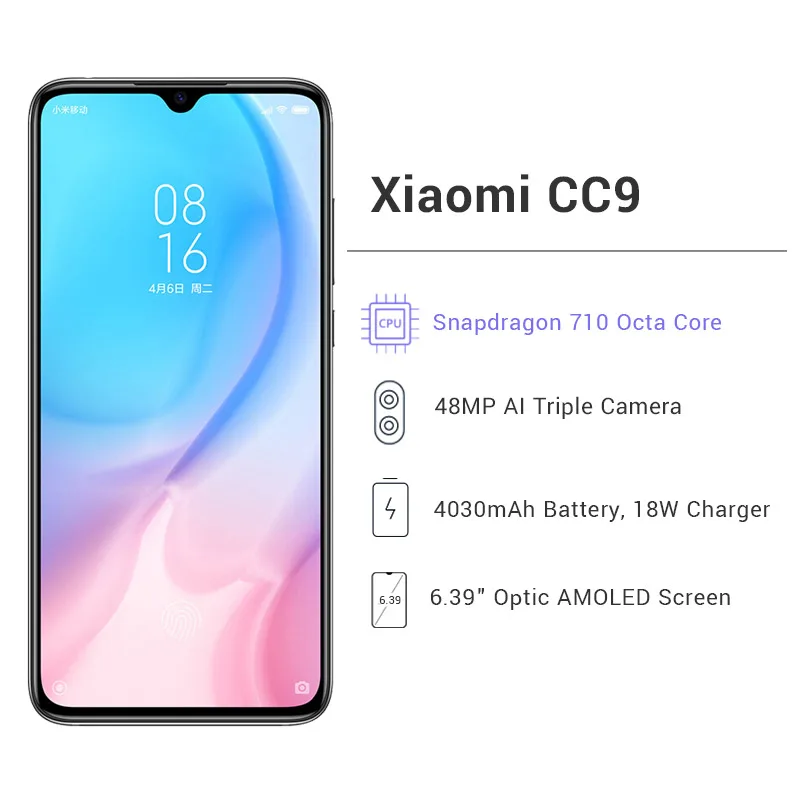 Global rom Xiaomi Mi CC9, 6 ГБ, 128 ГБ, Смартфон Snapdragon 710, четыре ядра, 6,39 дюймов, полный экран, 48 Мп+ 32 МП камера, аккумулятор 4030 мАч