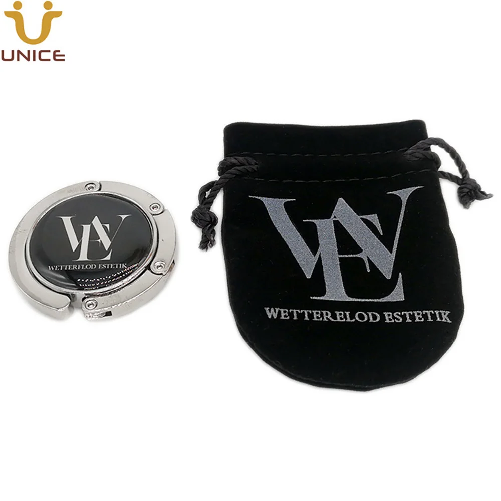 Минимальный заказ 100 заказной логотип вешалка для складных мешков с печатным логотипом подарок бархатная сумочка держатель для кошелька сумка вешалка для сумки крючок для стола
