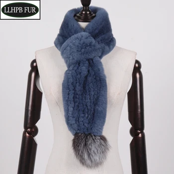 

New Women Knitted 100% Real Rex Rabbit Fur Scarf Soft Real Fur Muffler And Fox Fur Pompoms Lady Winter Warm Rex Rabbit Scarves