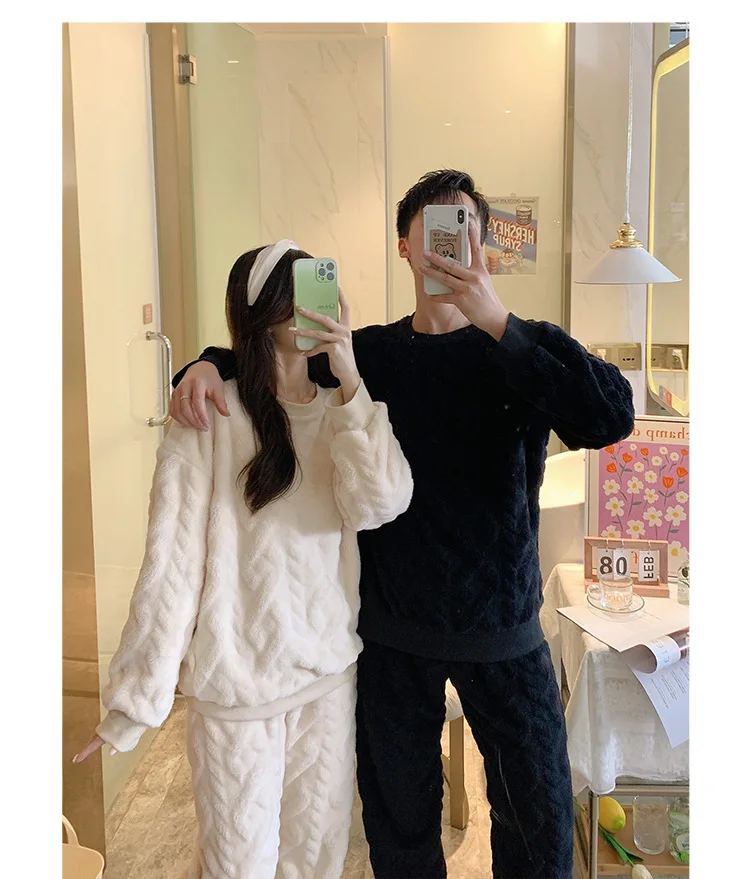 Korean Autumn Winter Coral Fleece Pajamas For Couples Thick Plus Velvet Flannel Homewear For Men Casual Loose Sleepwear 2PCS Set mens pjs sale