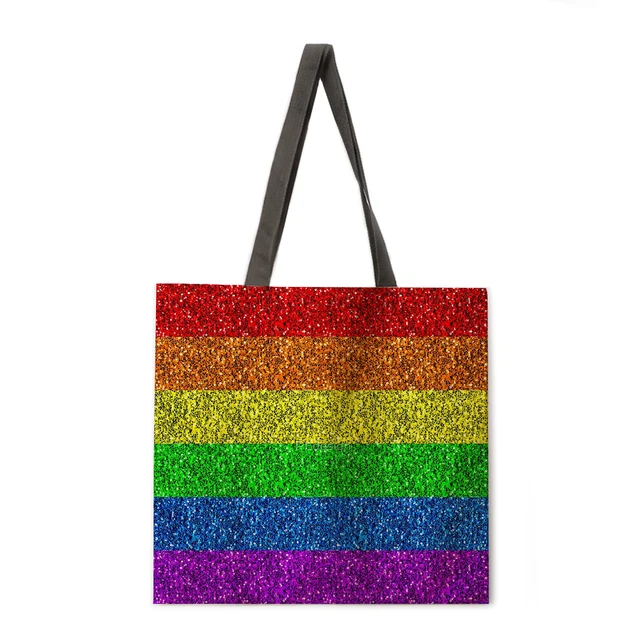 Ladies Shoulder Bag Rainbow Stripe Printing Casual Handbag Linen Fabric Handbag Reusable Shopping Bag Foldable Beach Bag Handbag 8