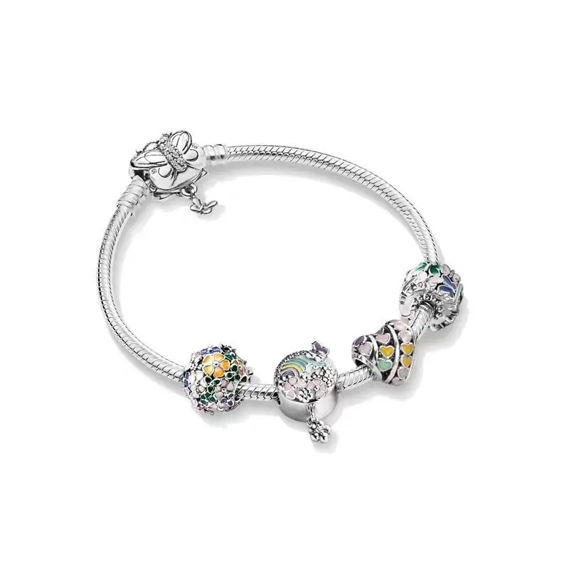 BBee S925 серебряный кулон Ссылка для Пандора браслет для Для женщин подарок аксессуары для украшения вечерние разноцветные браслеты на запястье в виде цветов