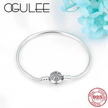 

Women's Fine Jewelry Bracelet Silver 925 Original Crystal CZ Snowflake Snake Bone Chain Charm Bracelet Bangles femme DIY Gift