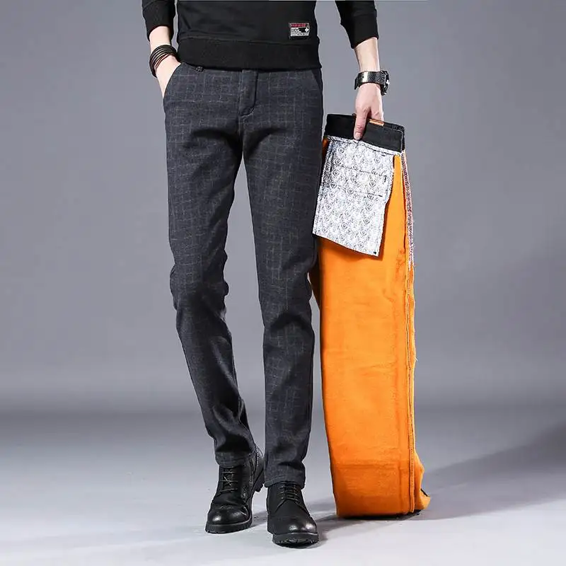 

2019 Winter Warm Fleece Pants Men Casual Slim Fit Velvet Skinny Thick Pencil Pants Mens Classic Plaid Business Stretch Trousers