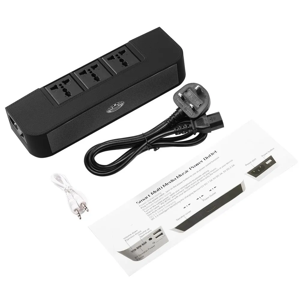 

Black Portable Mini QC3.0 Smart Charging Multi Media Music Power With 3-Outlets Independent Power Switch