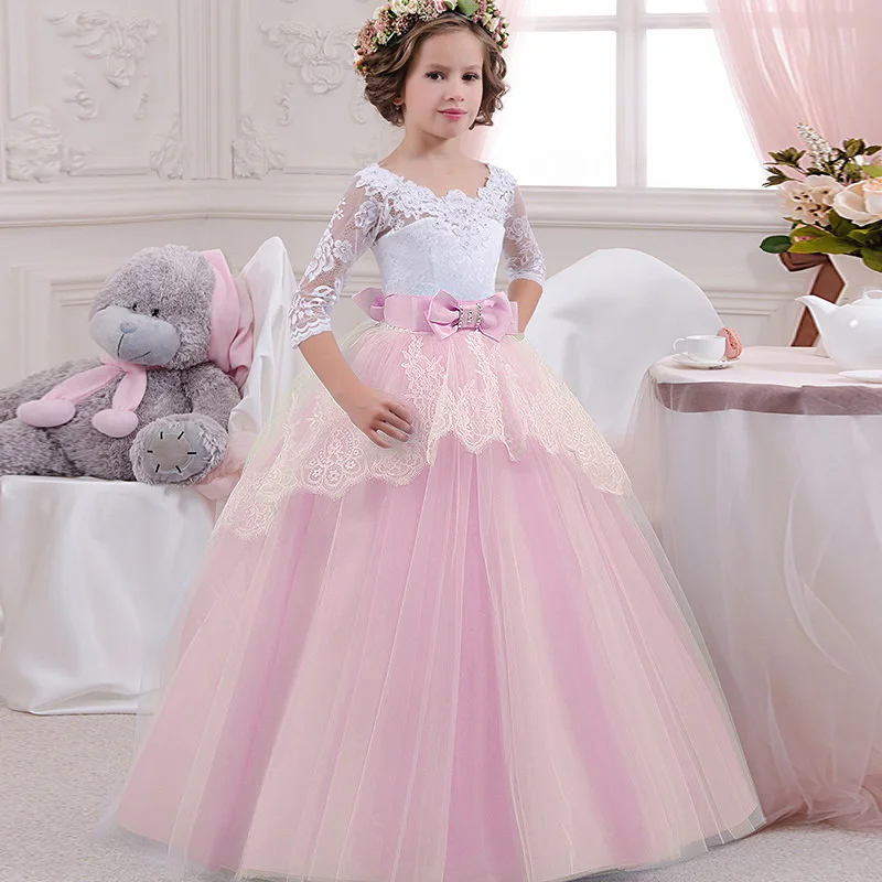 Детские платья вечерние платья принцессы для дня рождения, милое детское кружевное платье для девочек от 10 до 12 лет, детская одежда - Цвет: PinkA