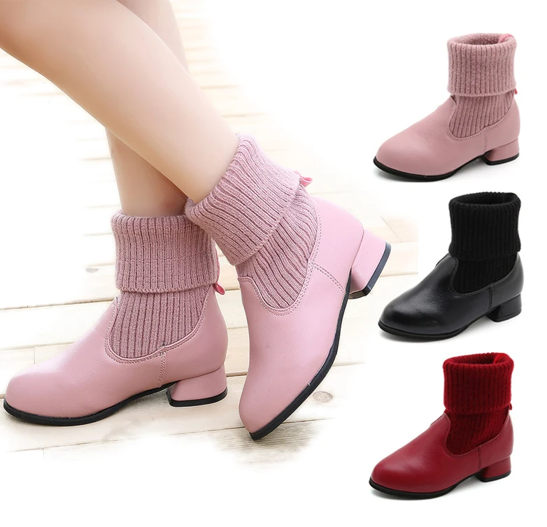 

2020 Girls Winter Baby Girl Red Plus Velvet Children Leather Short Boots Princess Boots Knitted Eversion Cotton Kids Boots Girls