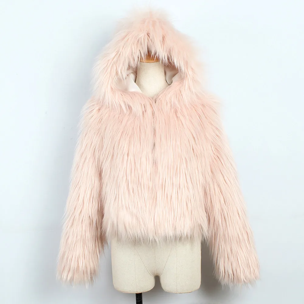 Страусиная женская шуба из искусственного меха зимняя пушистая однотонная верхняя одежда с капюшоном Повседневная Женская куртка уличная одежда размера плюс