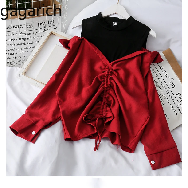 

Gagarich Women Spring Blouse Korean Irregular Elegant Fake Two Piece Patchwork Tops Female Drawstring Pleated Off Shoulder Shirt