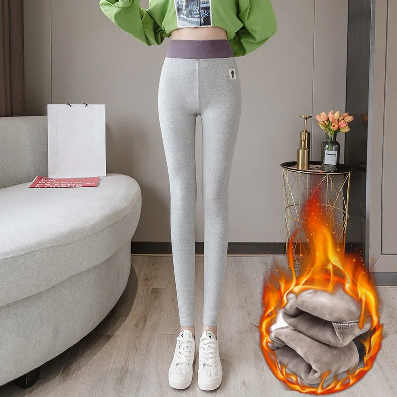 Light grey plush Теплые эластичные леггинсы, женские бархатные хлопковые модные повседневные плотные штаны с высокой талией, обтягивающие штаны для фитнеса, зима-осень - Цвет: Light grey plush