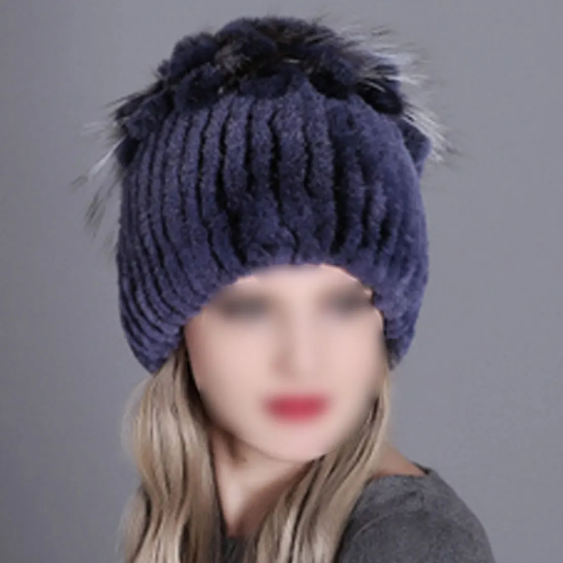 Winter knitted beanie hat warm thick autumn and winter round hat rabbit fur knitted hat women fur real wool warm