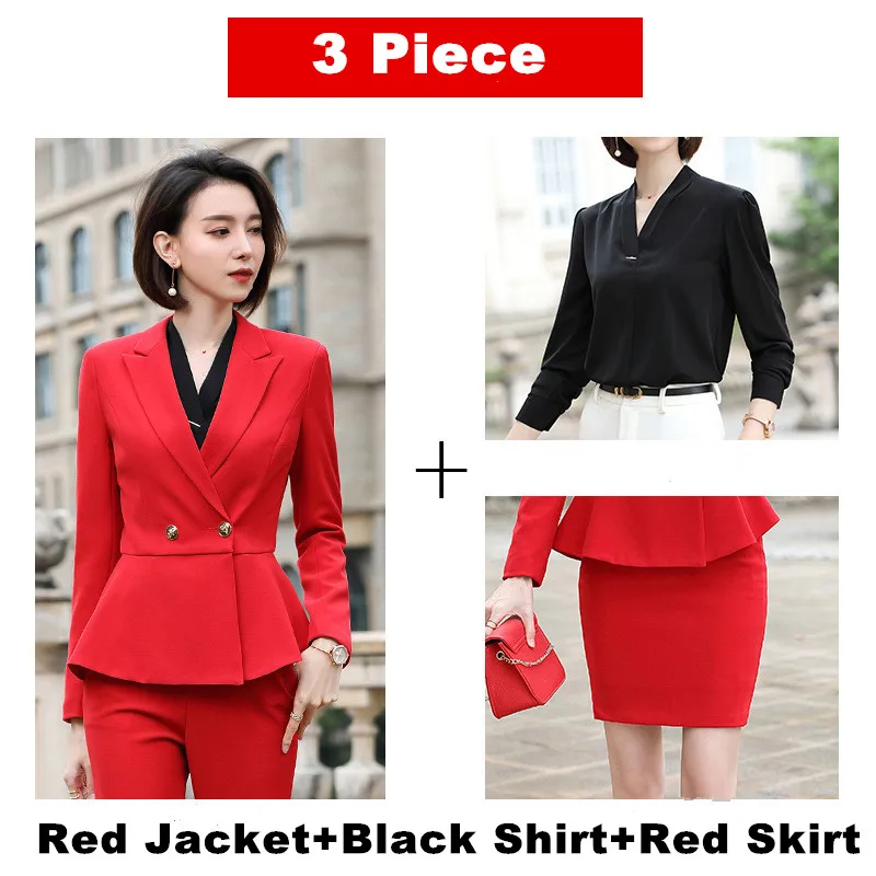red 3 pcs-2 Красный костюм юбка костюм женщина офис профессиональный костюм темперамент годовой встречи Женская Синтетическая ткань костюм для работы YS8019108 - Цвет: red 3 pcs-2