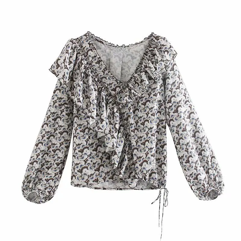 Nn45-1499 European and American fashion printed Ruffle Top |