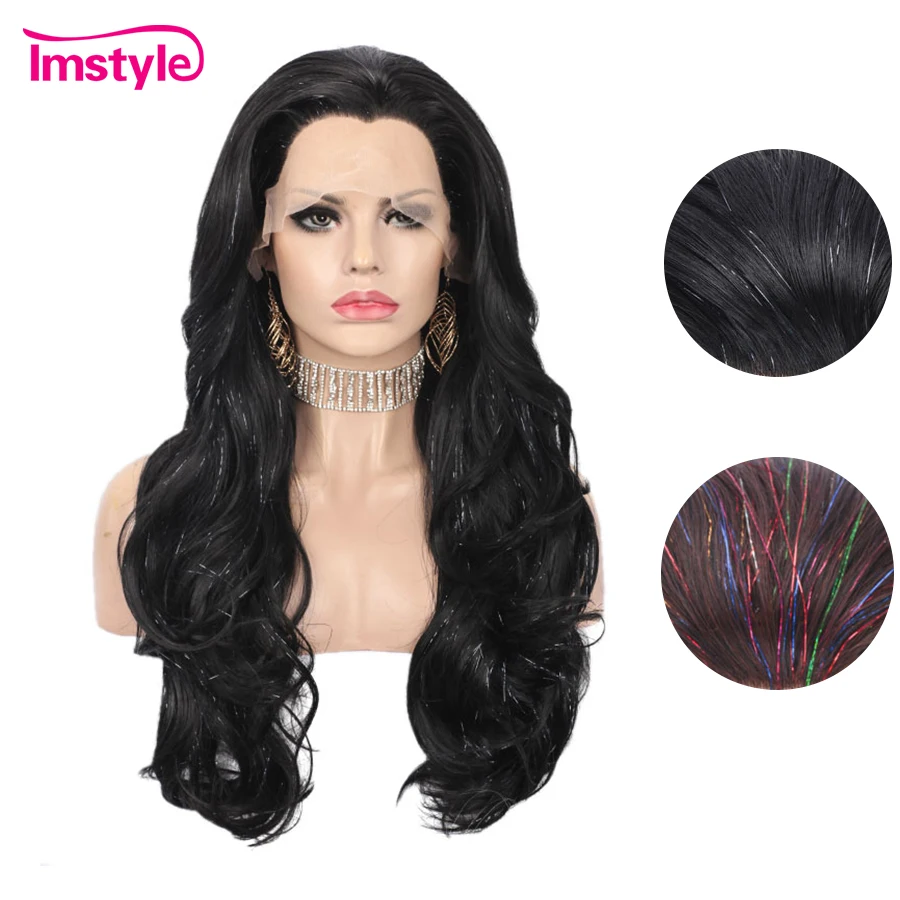 Tinsel Wigs Black Brown Synthetic Lace Front Wig Long Natural Wavy For Women Party Glitter Wig