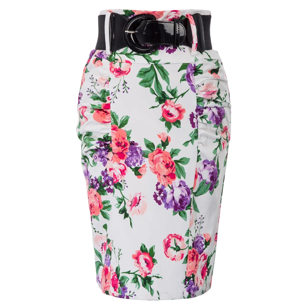 Женская рубашечная Офисная Женская юбка с цветочным узором, хлопковая юбка-карандаш с широким поясом, винтажная стильная юбка до колен с цветочным рисунком