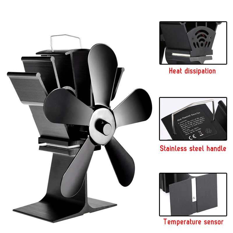 

5 Blades Black Stove Fan Eco Heat Powered Burner Log Wood Burner Top Fireplace
