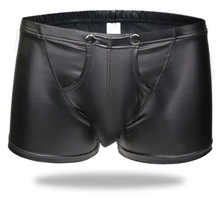 Sexy Men Boxers Open Crotch Faux Leather Lingerie Stage U Convex Pouch Black Patent Leather Boxers Shorts Underwear